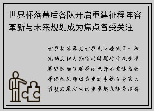 世界杯落幕后各队开启重建征程阵容革新与未来规划成为焦点备受关注 世界杯落幕后各队开启重建征程阵容革新与未来规划成为焦点备受关注